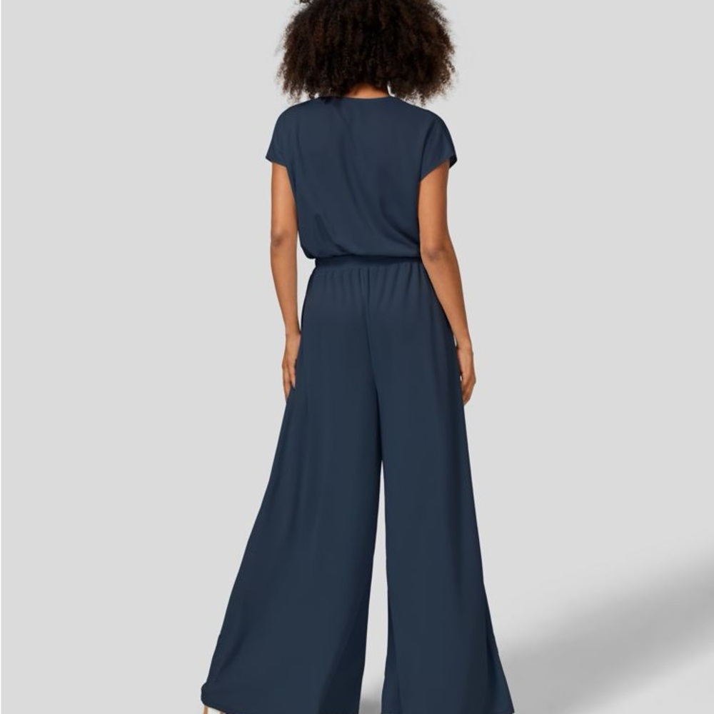 V Neck Short Sleeve Plicated Side Pocket Wide Leg Waffle Jumpsuit Navy Large L